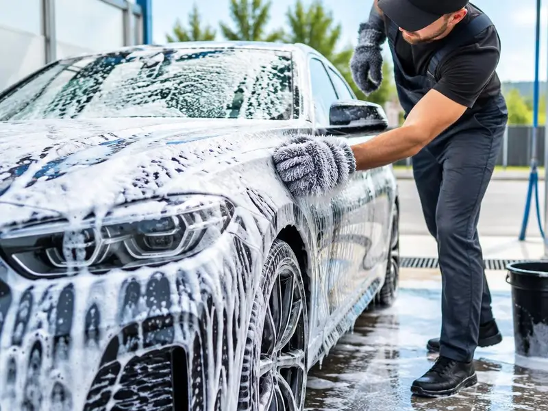 Lavagem detalhada de carro com espuma
